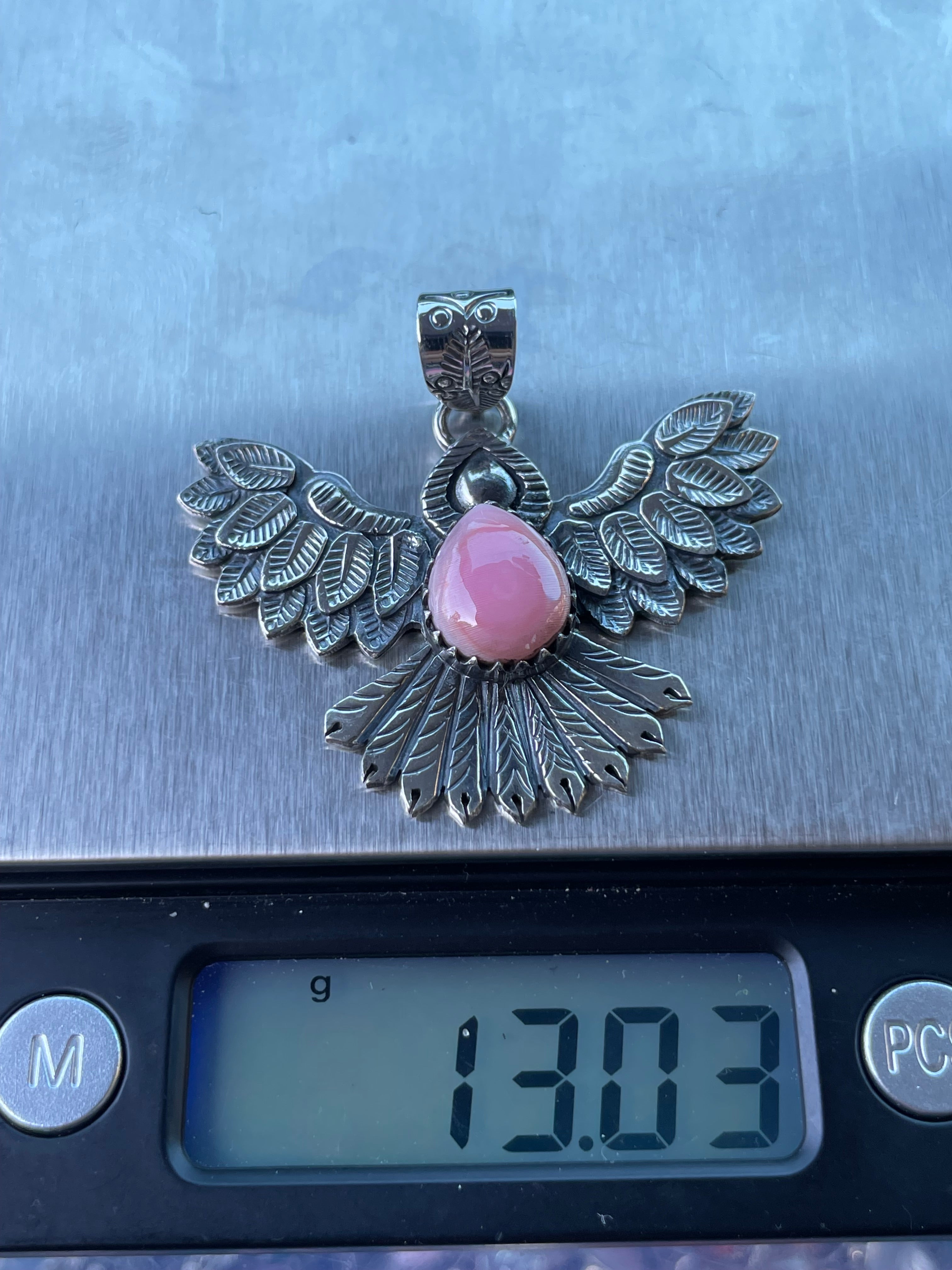 Pink Conch Thunderbird Pendant | Handcrafted Sterling Silver 925 B462