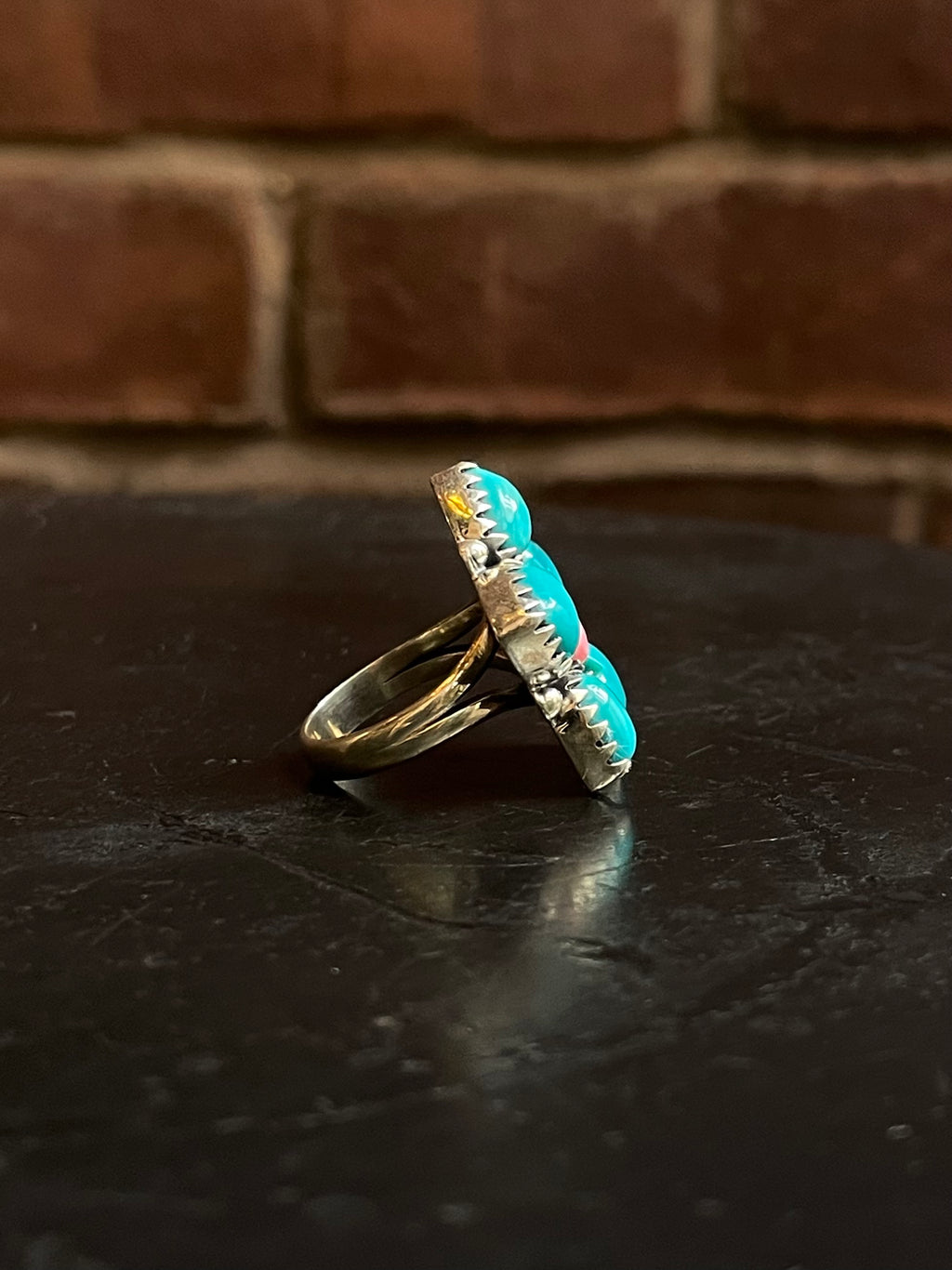 Pink Conch & Kingman Turquoise Flower Ring Size 6 | Sterling Silver G484