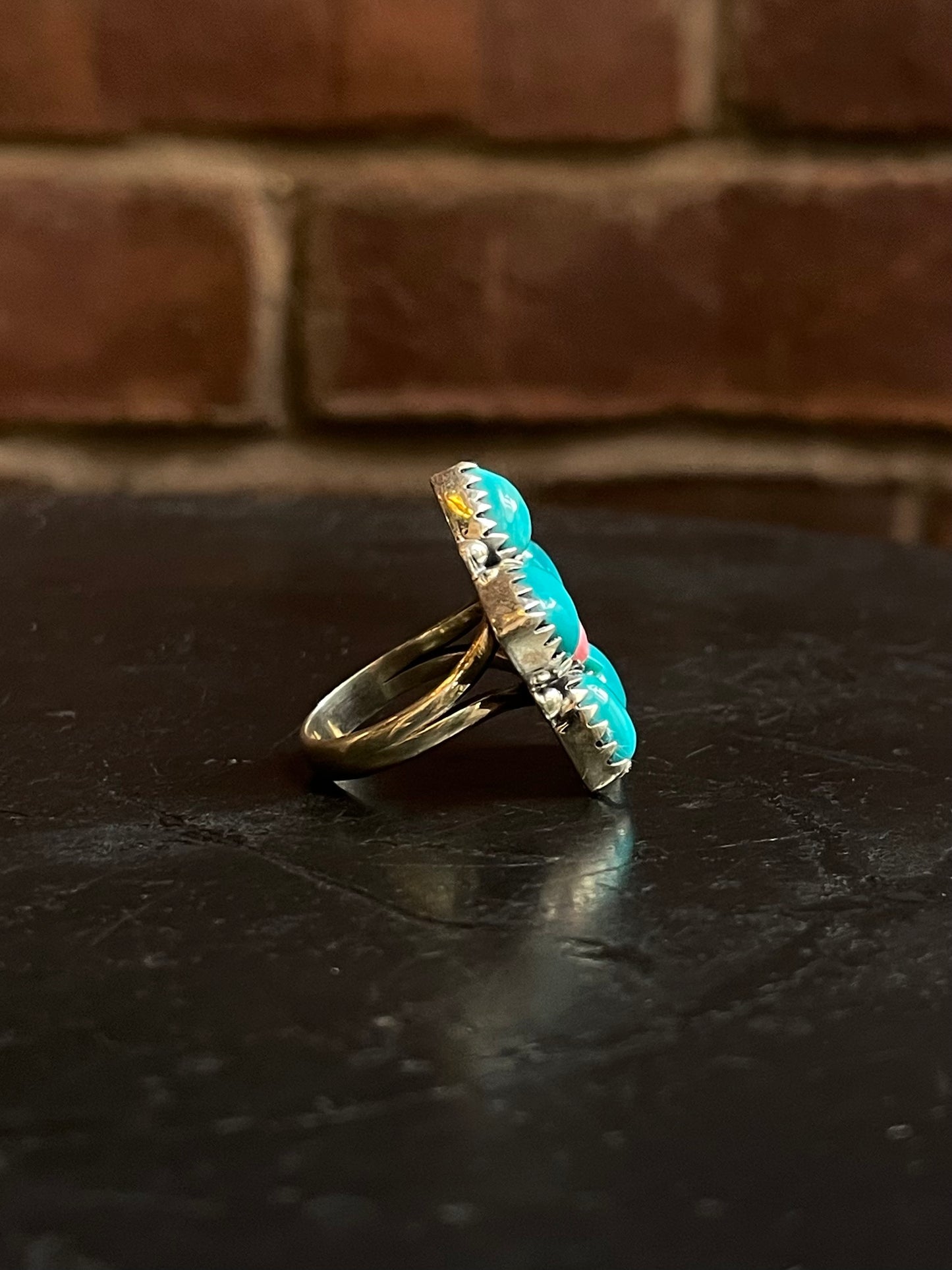 Pink Conch & Kingman Turquoise Flower Ring Size 6 | Sterling Silver G484