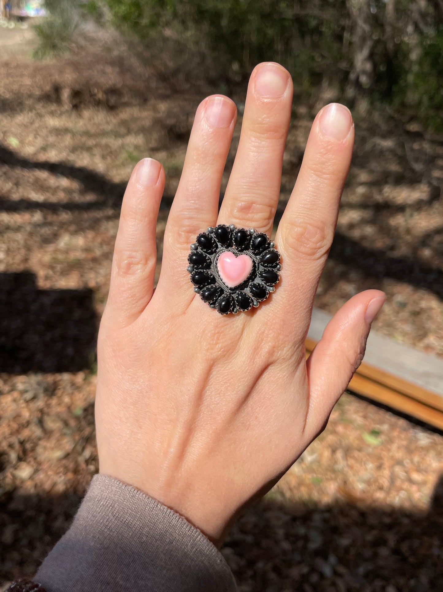 Pink Conch Heart Black Onyx Cluster Ring Size 7 | 925 Sterling Silver B997