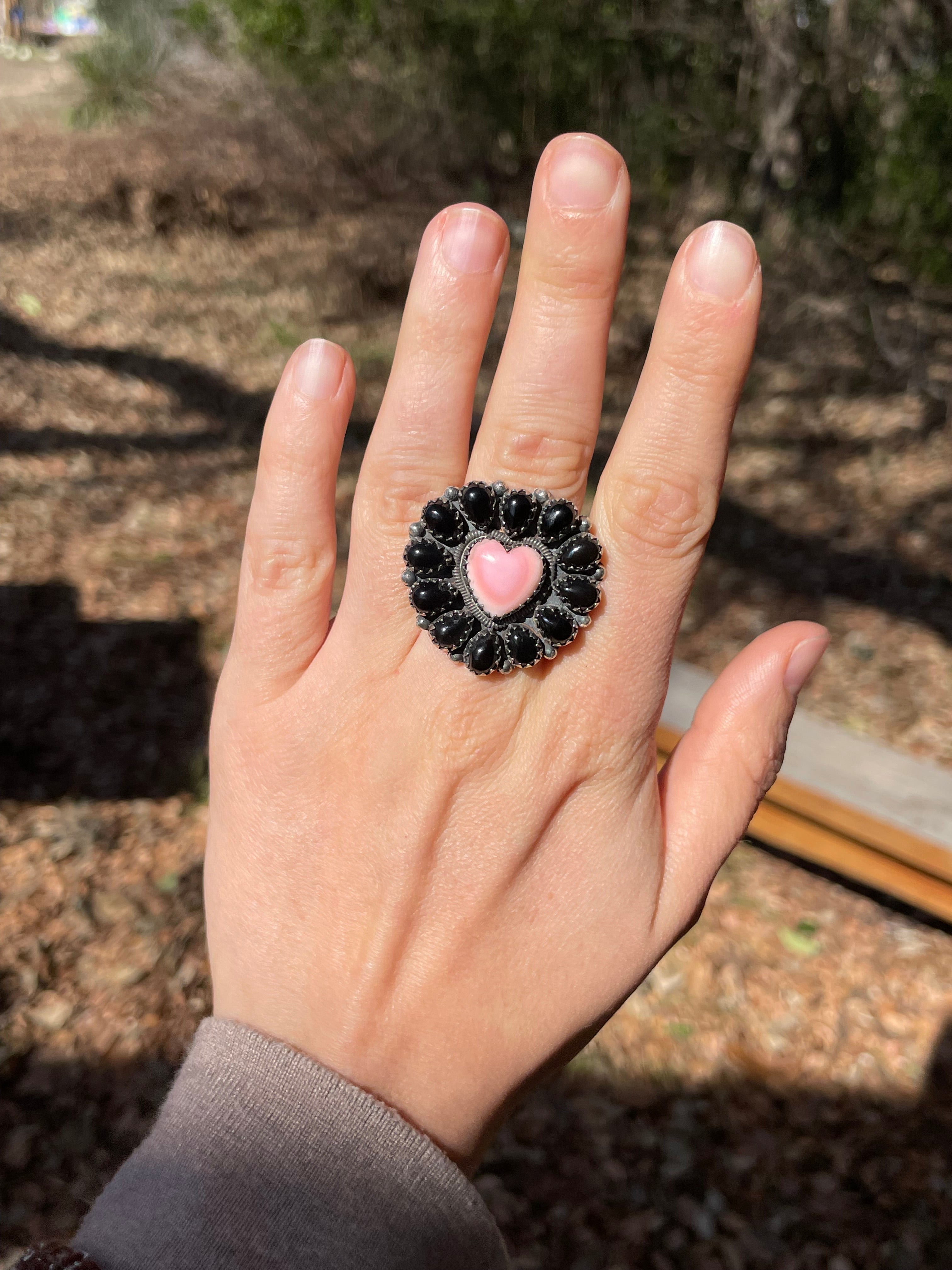 Pink Conch Heart Black Onyx Cluster Ring Size 7 | 925 Sterling Silver B997