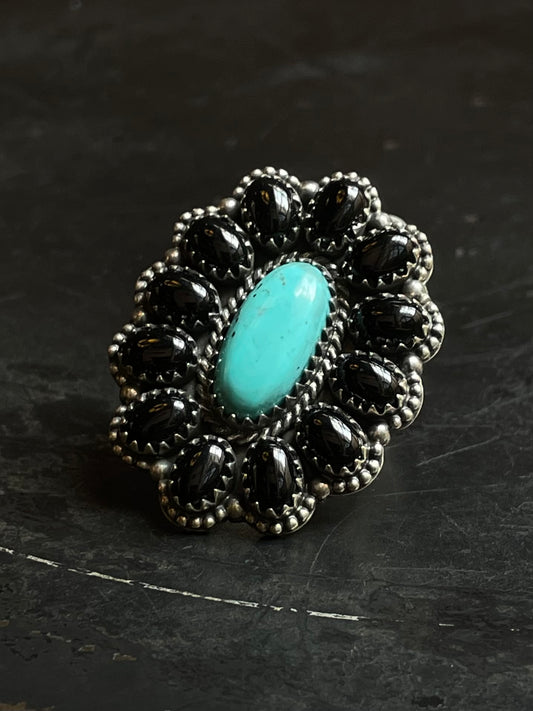 Kingman Turquoise Flower Cluster Ring | Sterling Silver | Size 7 | A134