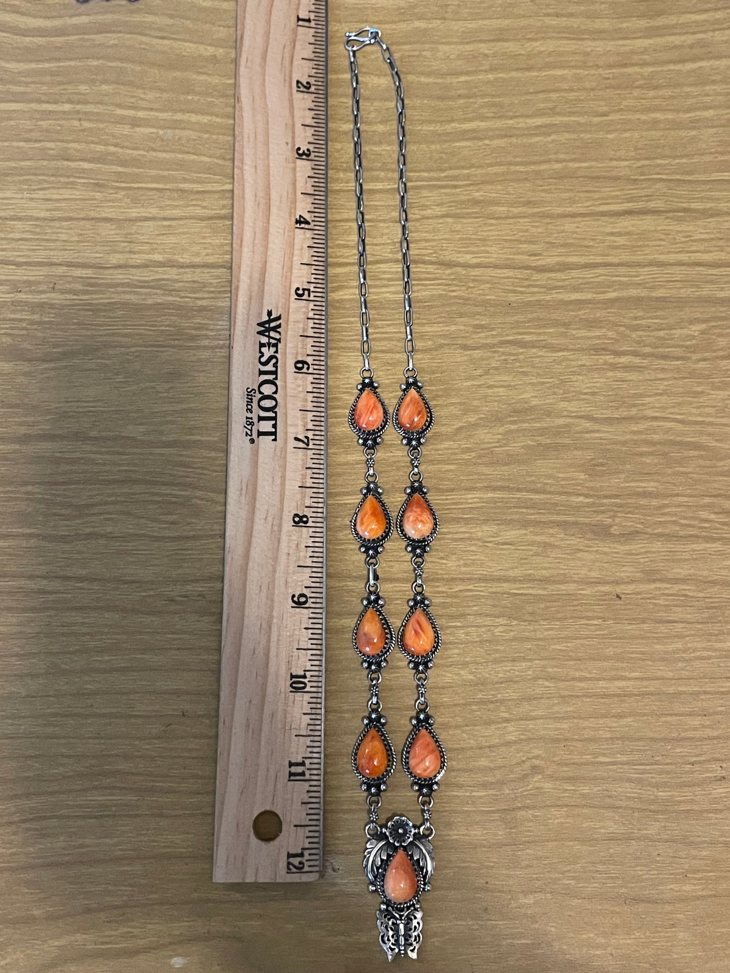 Orange Spiny Oyster Lariat Necklace | Floral Drop with Butterfly | 925 Sterling Silver E595