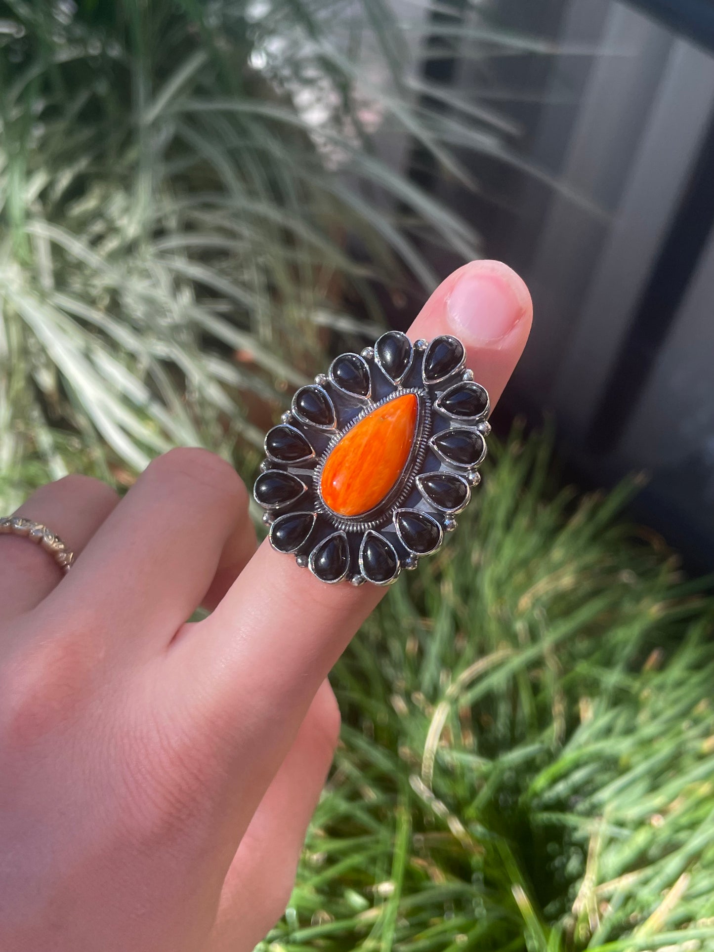 Spiny Oyster & Black Onyx Cluster Ring Size 6 | 925 Sterling Silver C871