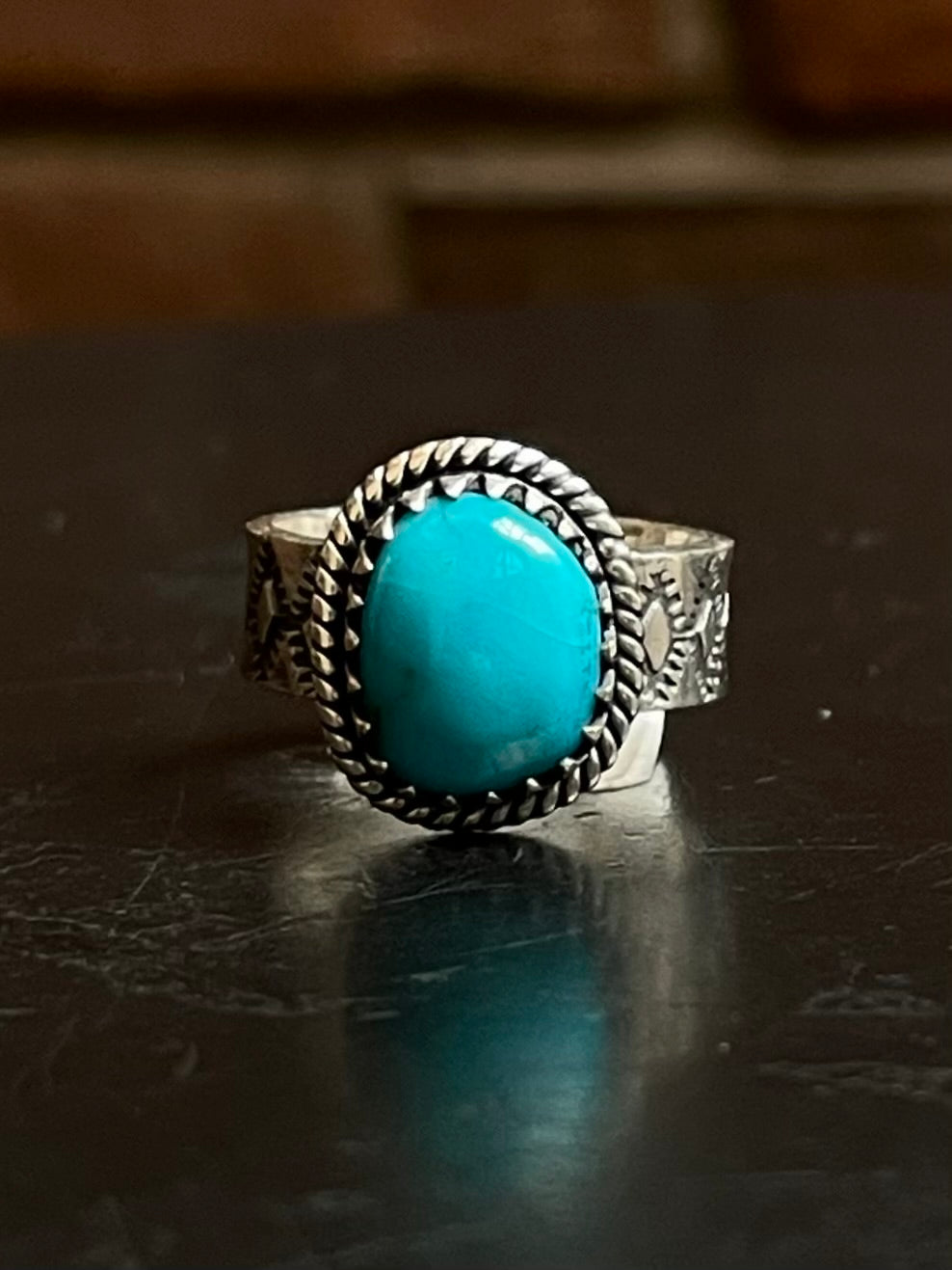 Kingman Turquoise Oval Stud Ring | Sterling Silver | Size 5.75 | A750