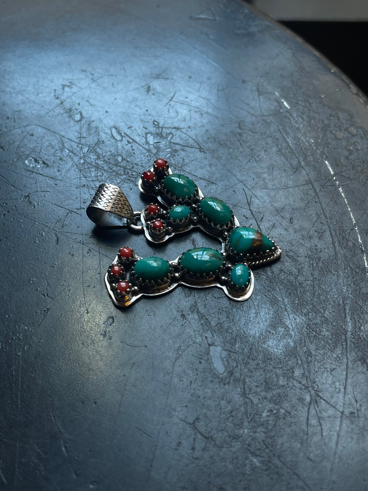 Kingman Turquoise Coral Cactus Pendant | Sterling Silver E928