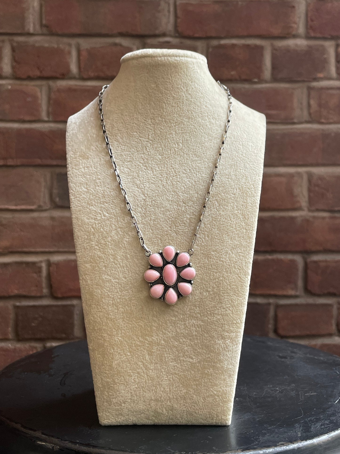 Pink Conch Flower Necklace | Oval Cluster Blossom | 925 Silver E552