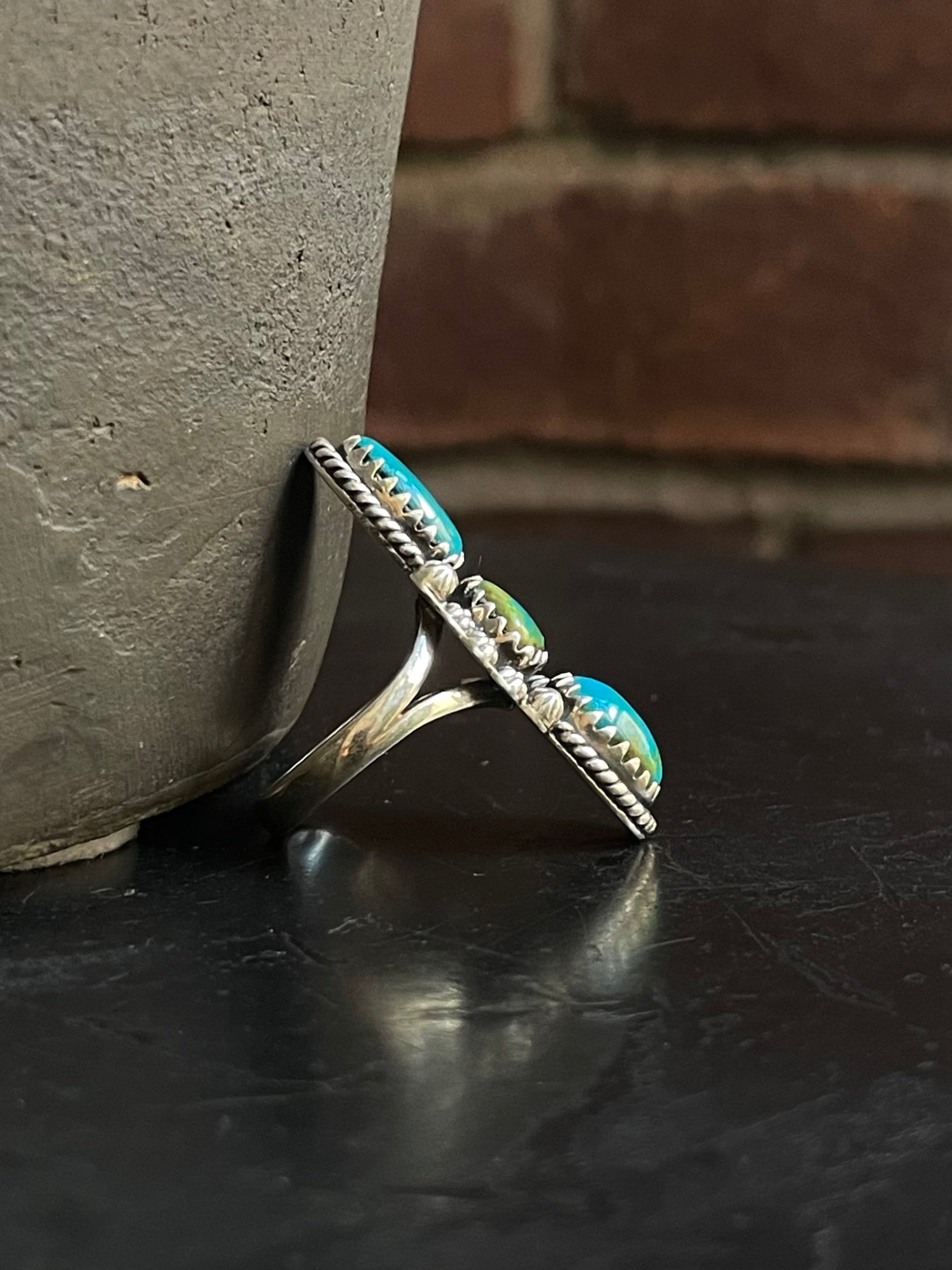 Kingman Turquoise Triple Stone Ring Size 8 | 925 Sterling Silver G582