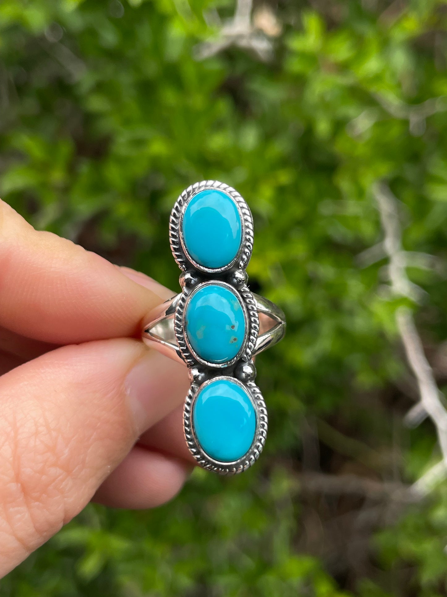 Turquoise 3 Stone Row Ring Size 6 | 925 Sterling Silver B651