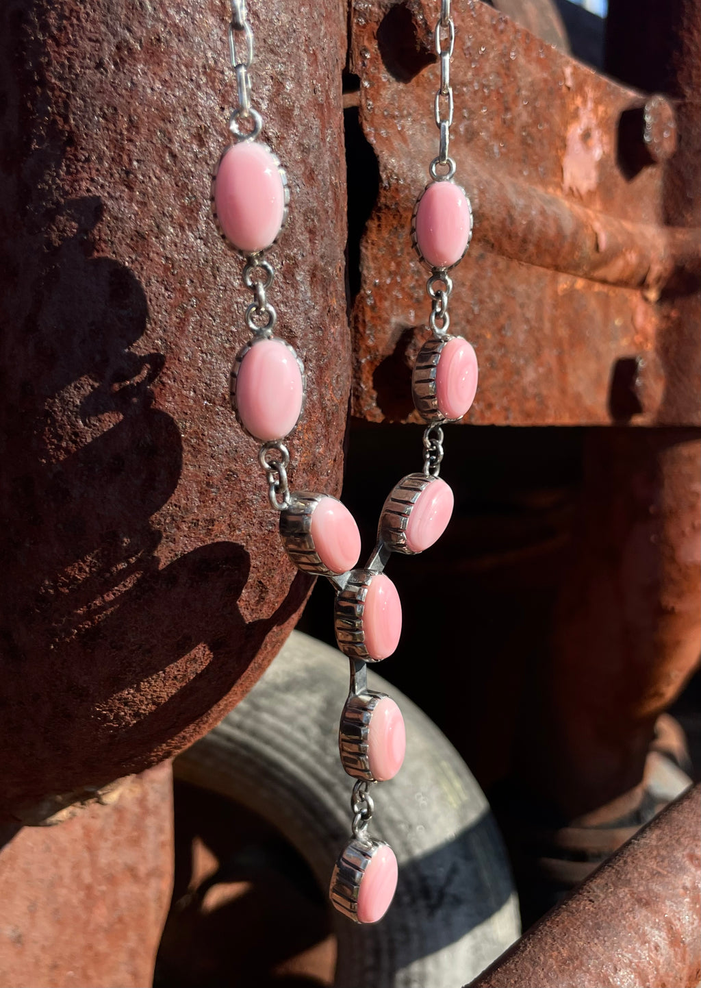 Pink Conch Lariat Necklace | Teardrop Station Drop | 925 Silver E553