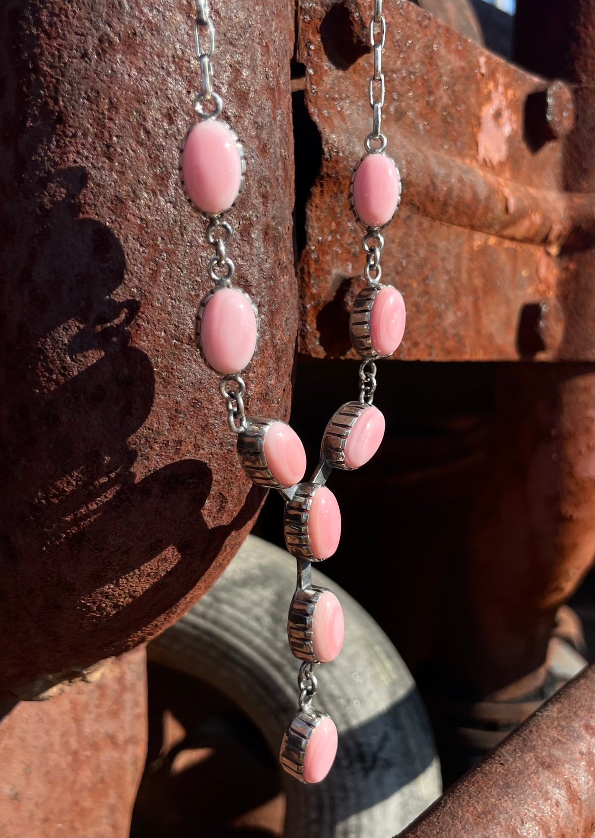 Pink Conch Lariat Necklace | Teardrop Station Drop | 925 Silver E553