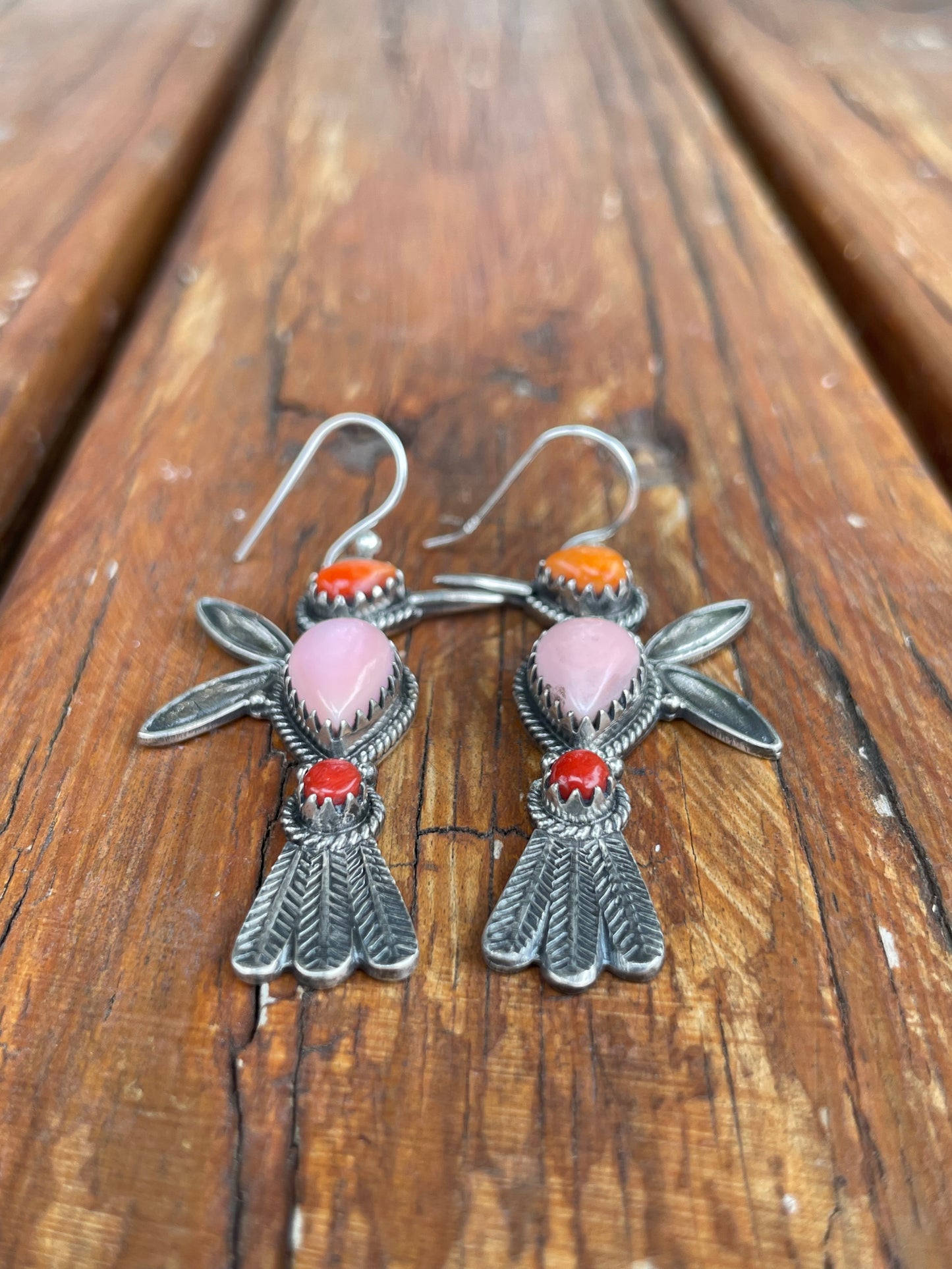 Pink Conch Hummingbird Earrings | Spiny Oyster & Coral | Sterling Silver B962
