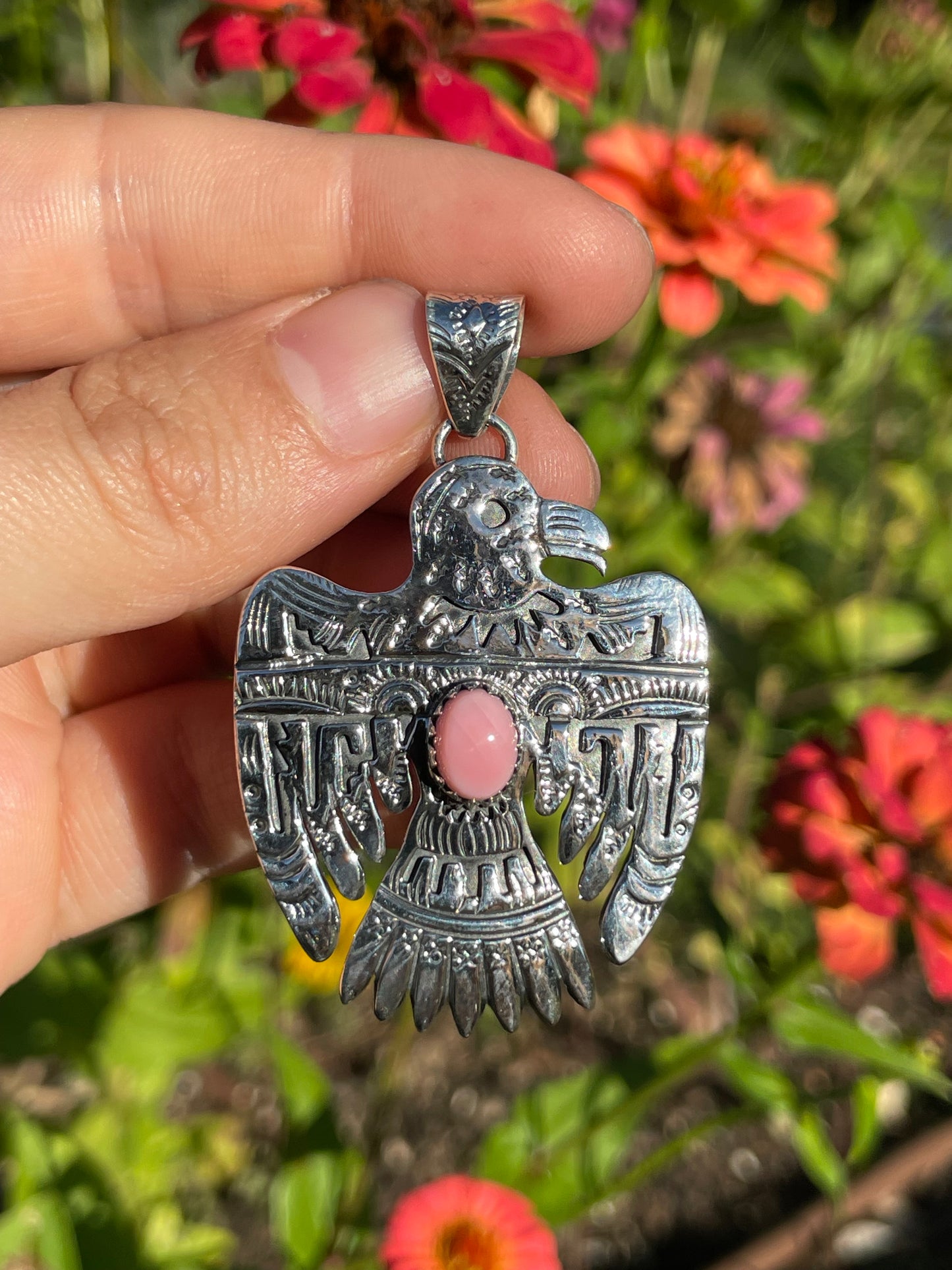 Pink Conch Thunderbird Pendant | Handcrafted Sterling Silver 925 B468