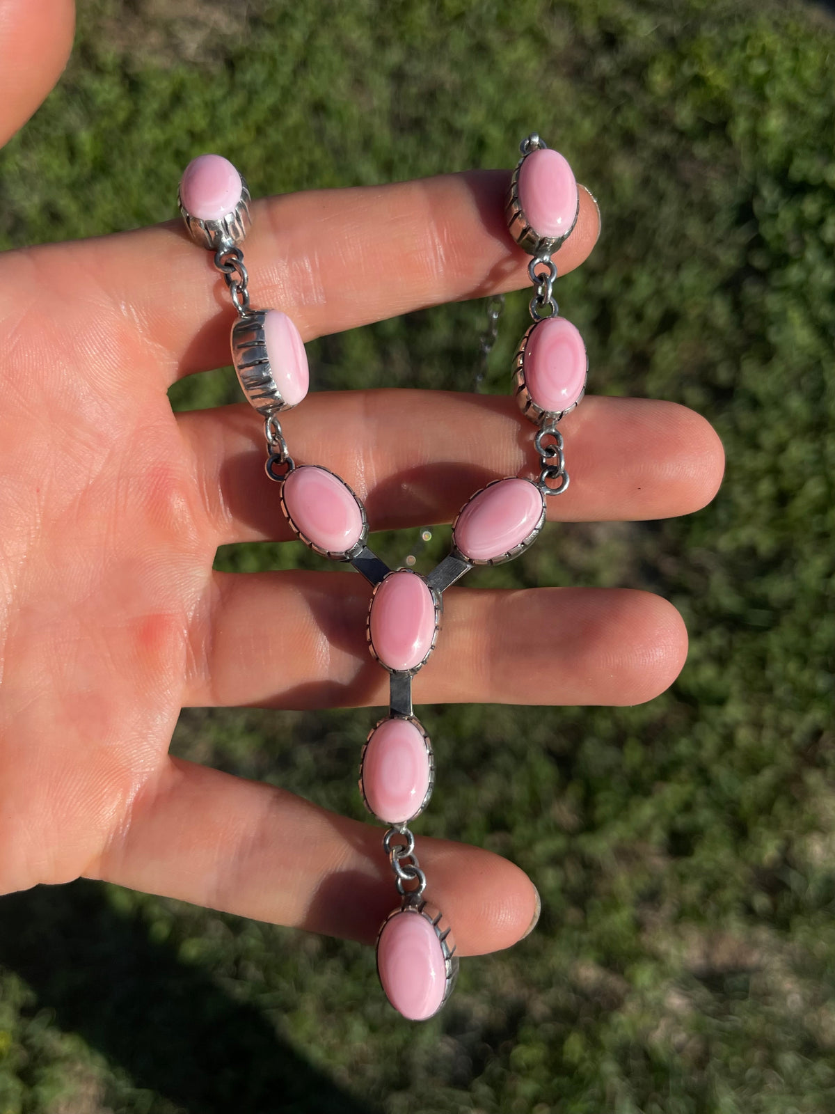 Pink Conch Lariat Necklace | Teardrop Station Drop | 925 Silver E553