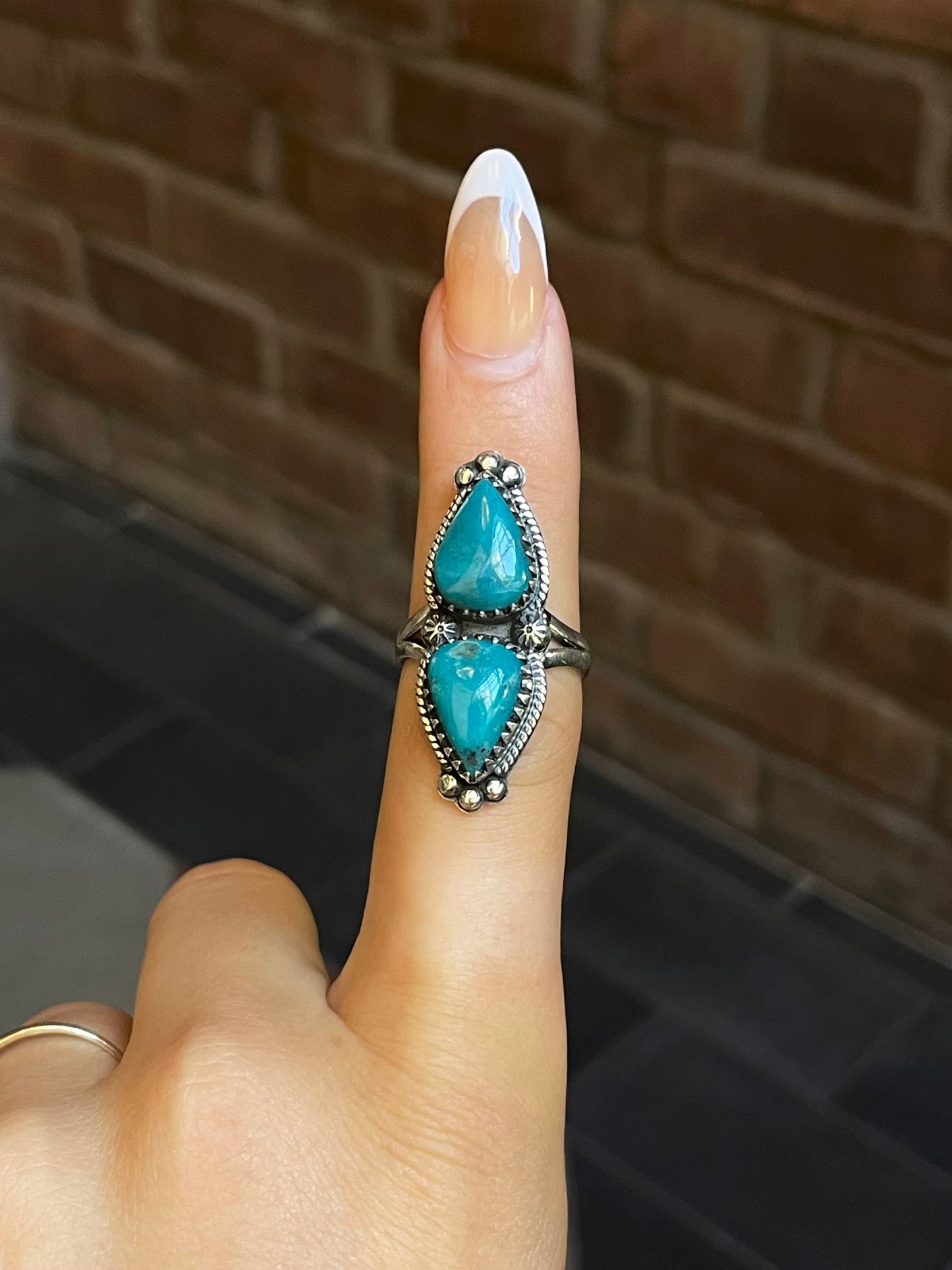 Turquoise Tear Drop Rope Ring Size 8 | Sterling Silver E878