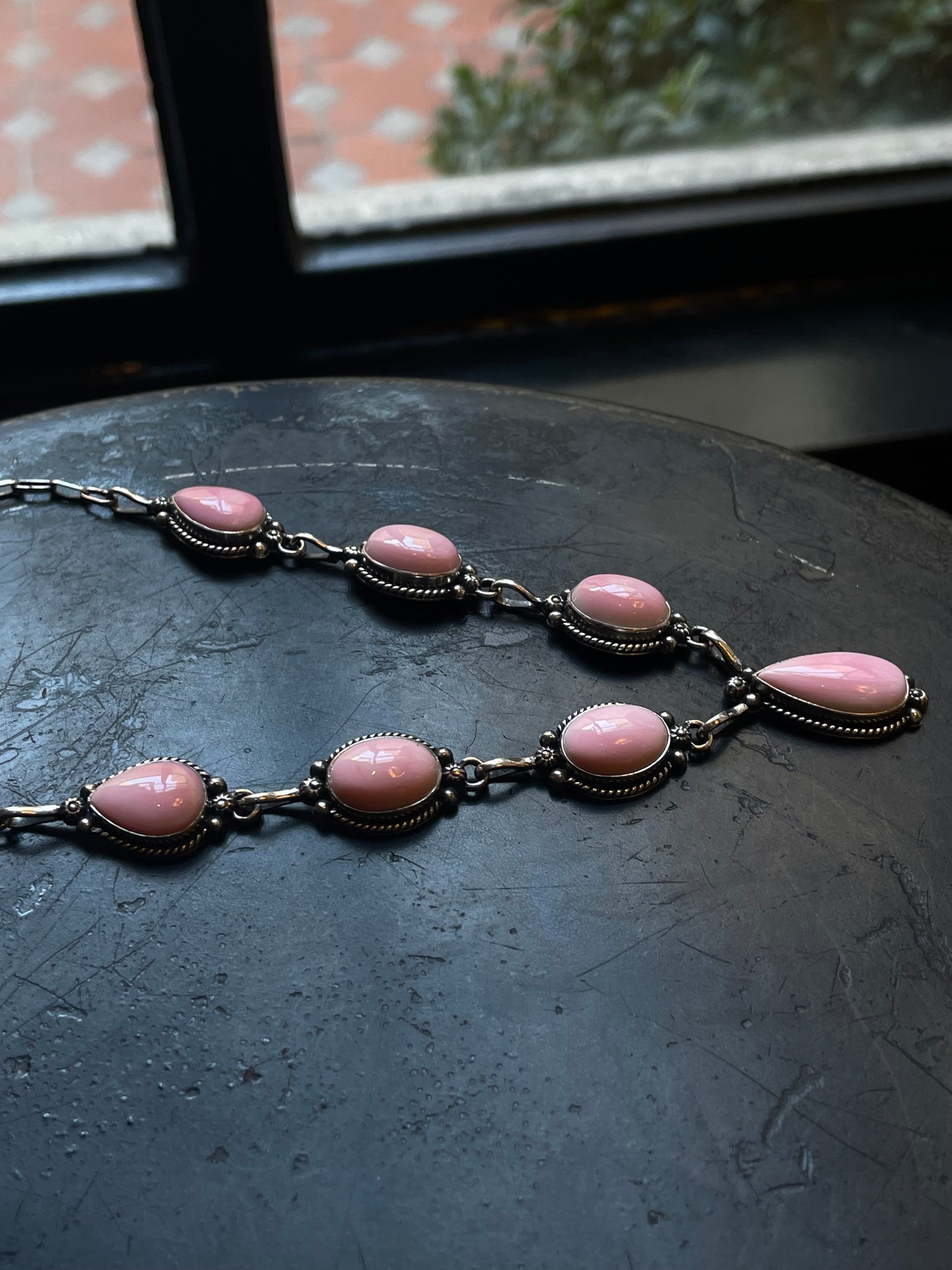 Pink Conch Lariat Necklace | Teardrop Station Drop | 925 Silver E586