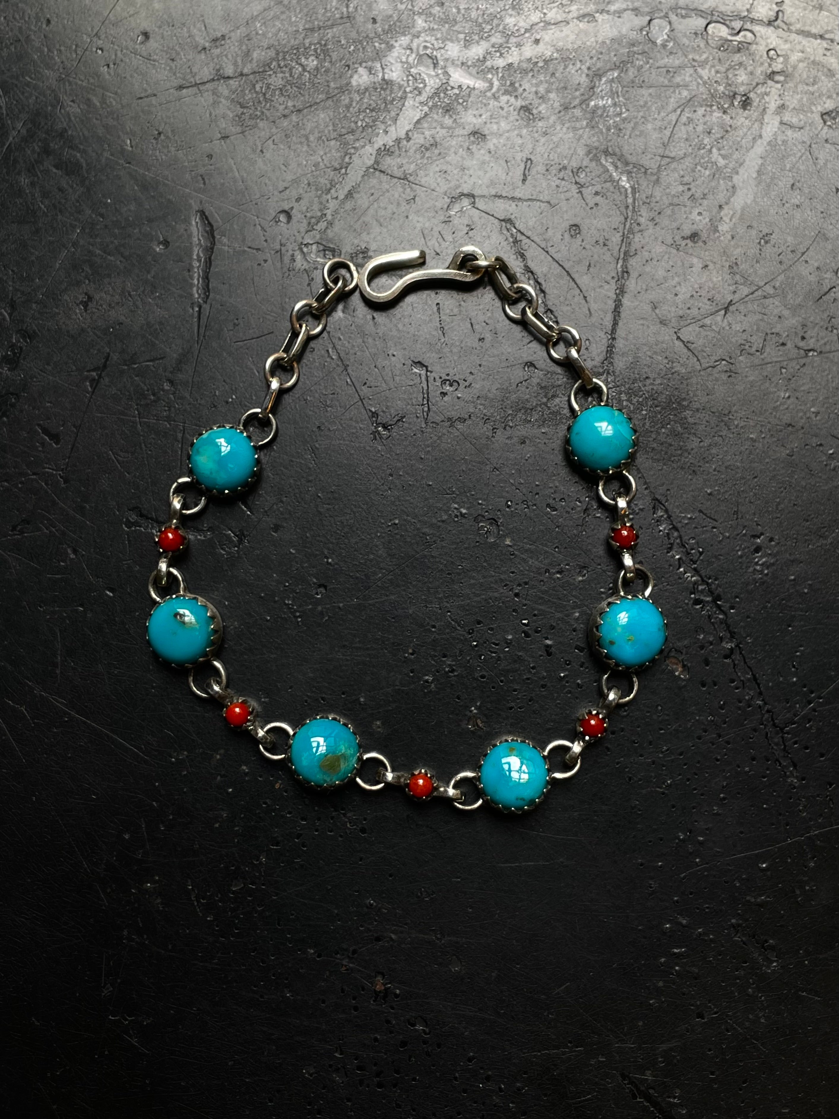 Kingman Turquoise Coral Link Bracelet | 925 Sterling Silver E105