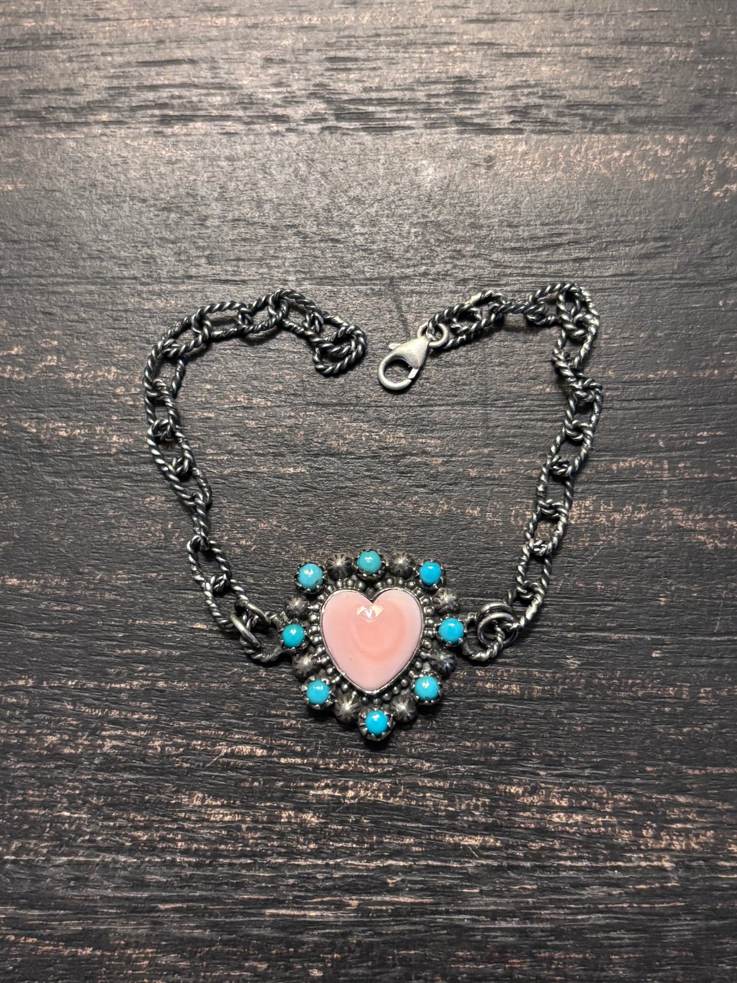 Pink Conch Heart Link Bracelet | 925 Sterling Silver Southwestern Style A002
