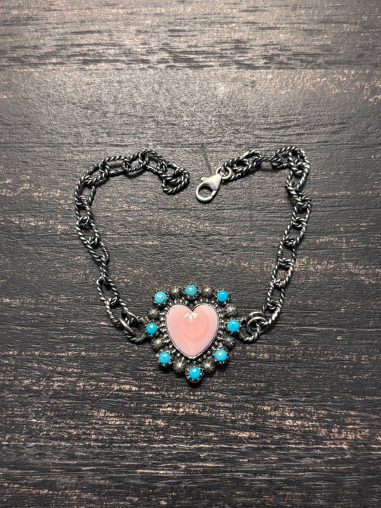Pink Conch Heart Link Bracelet | 925 Sterling Silver Southwestern Style A002