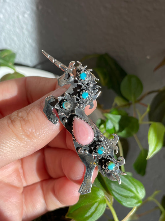 Pink Conch & Turquoise Unicorn Pendant | Sterling Silver 925 B823