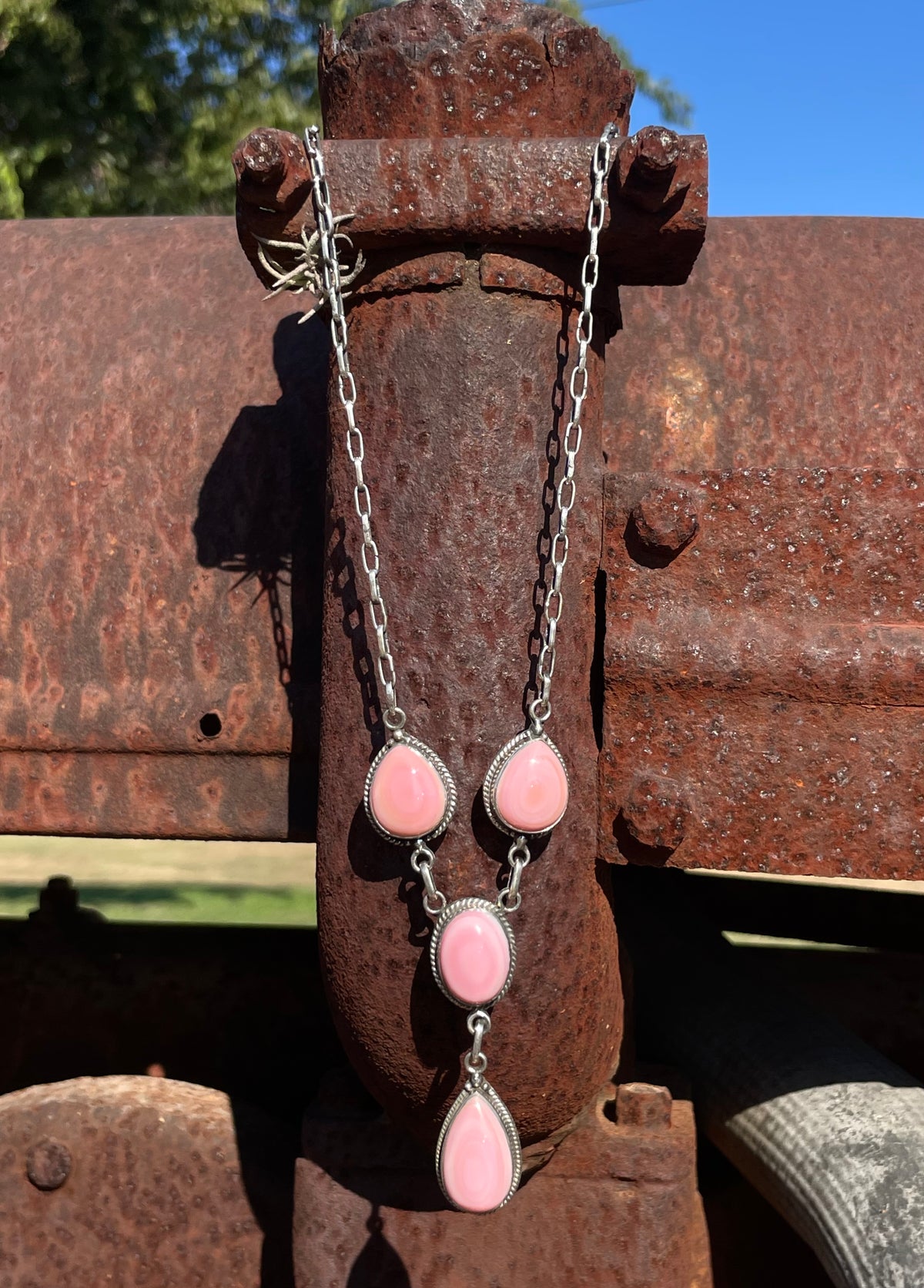 Pink Conch Lariat Necklace | Teardrop Station Drop | 925 Silver E584
