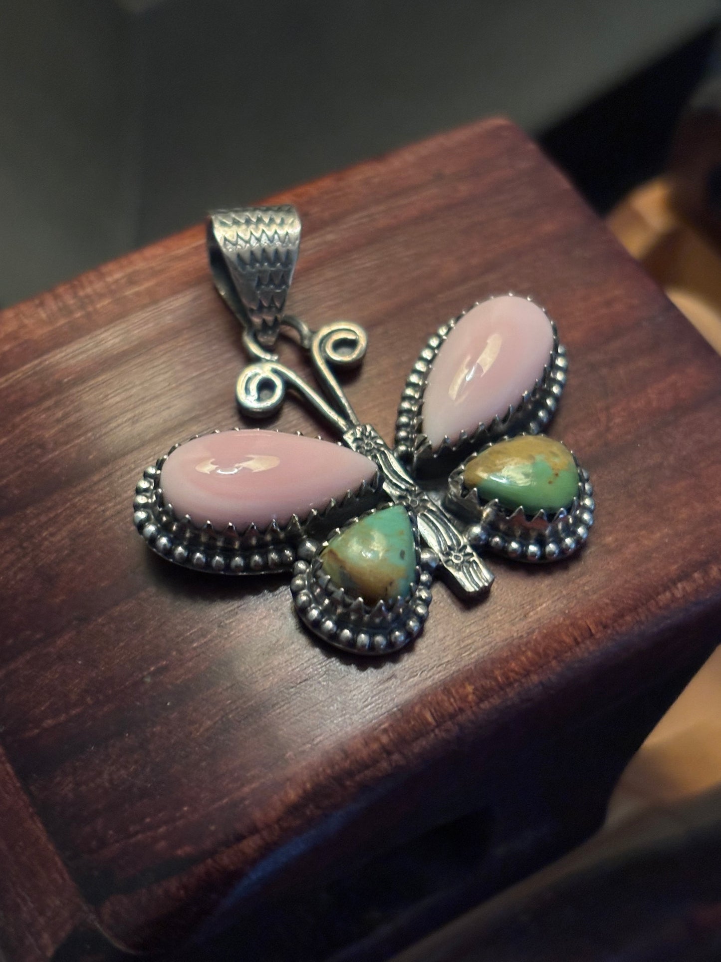 Pink Conch Turquoise Butterfly Pendant | 925 Sterling Silver A096
