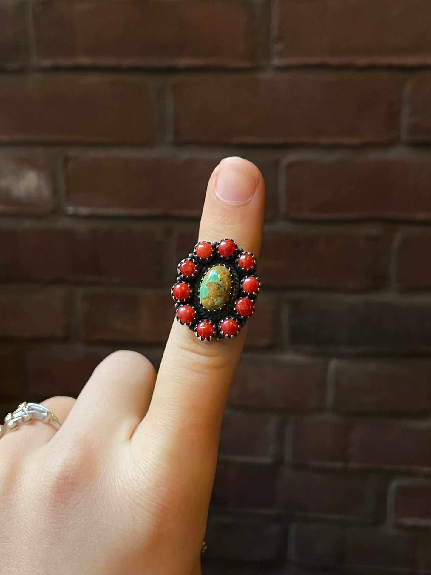 Kingman Turquoise Coral Cluster Ring | Sterling Silver | Size 6 | A181