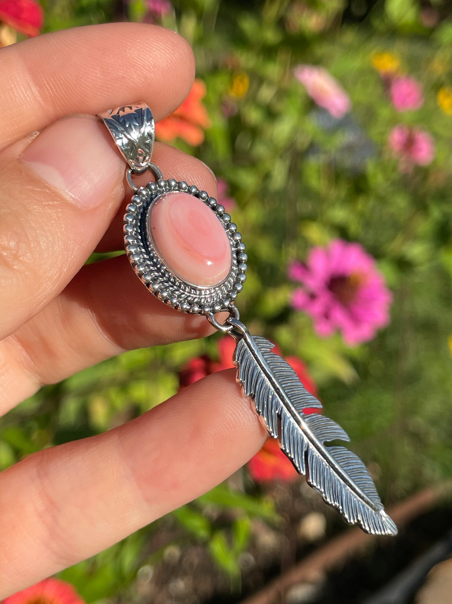 Pink Conch Feather Dangle Pendant with Rope Design | Sterling Silver 925 B464