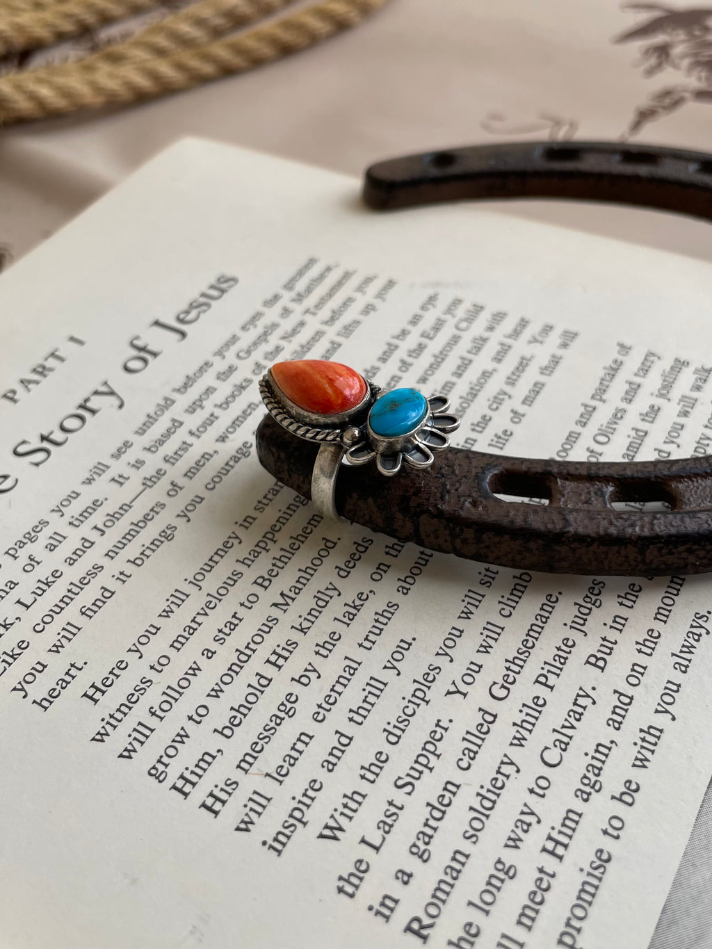 Spiny Oyster & Turquoise Floral Ring | 925 Sterling Silver Size 5.75 G819