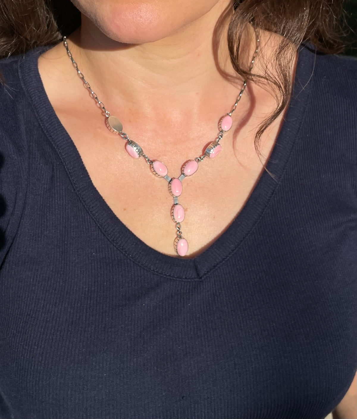 Pink Conch Lariat Necklace | Teardrop Station Drop | 925 Silver E553