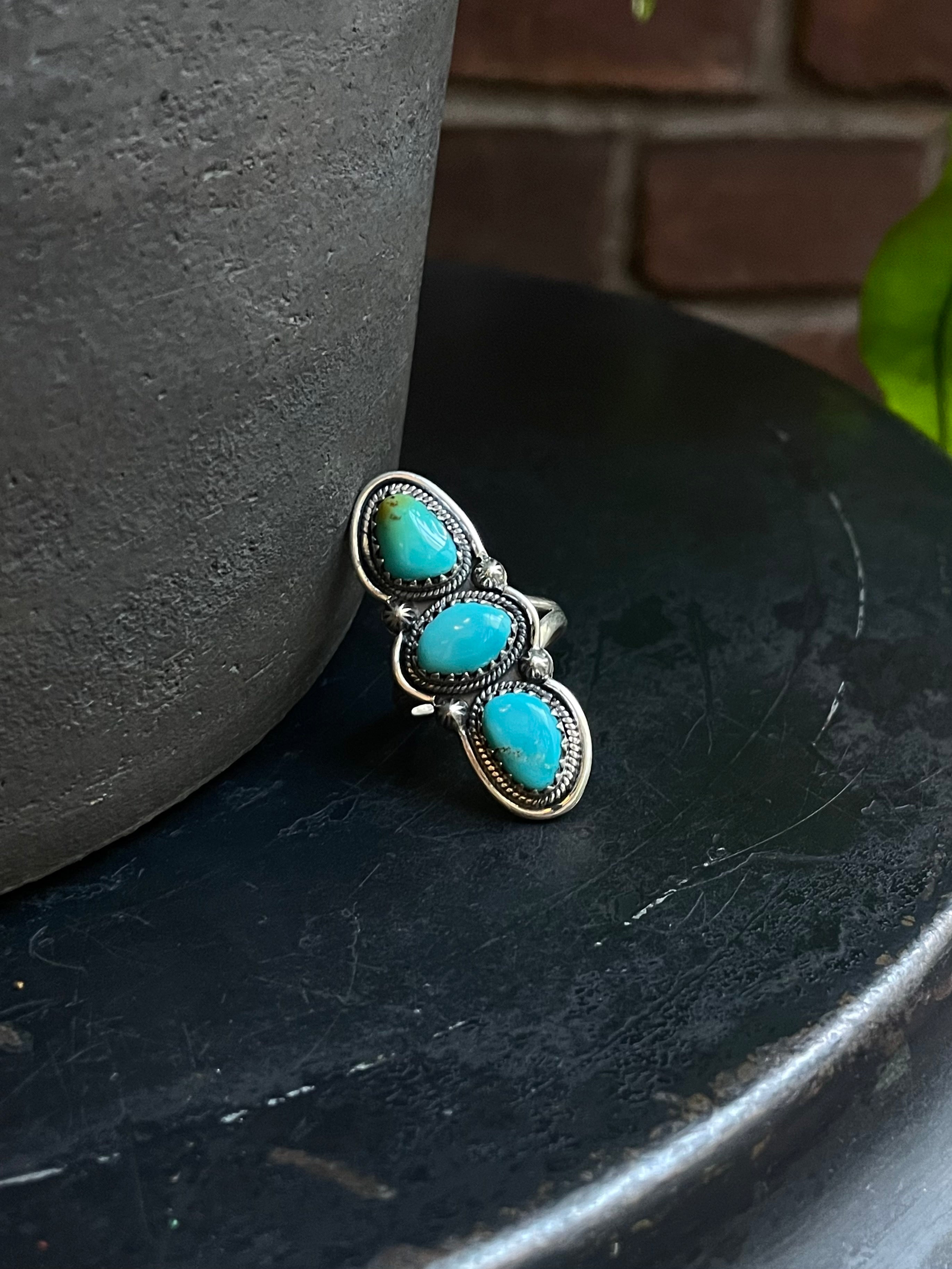 Kingman Turquoise 3 Stone Ring Size 8 | 925 Sterling Silver C583