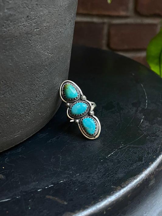 Kingman Turquoise 3 Stone Ring Size 8 | 925 Sterling Silver C583