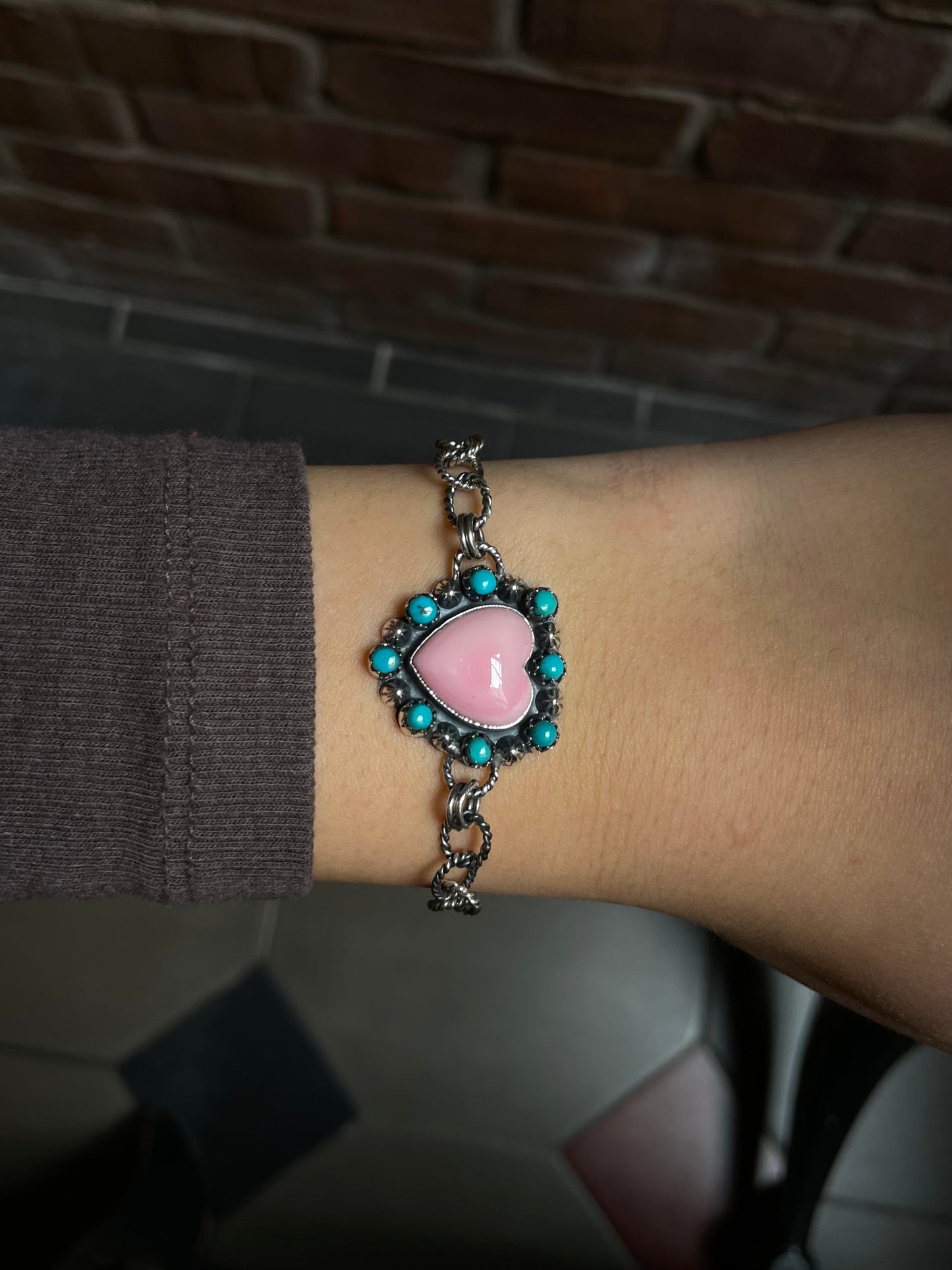 Pink Conch Heart Kingman Turquoise Link Bracelet | 925 Sterling Silver E104
