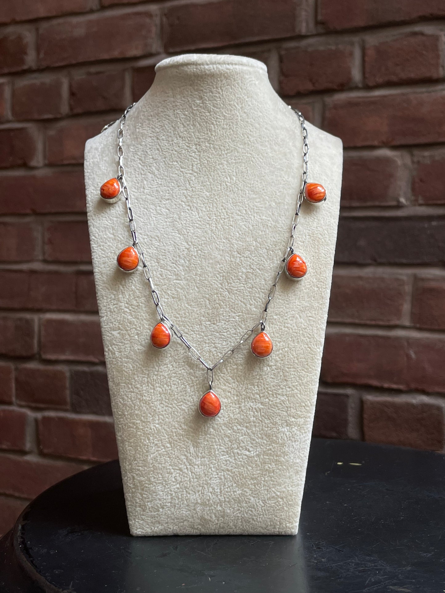 Orange Spiny Oyster Drop Station Necklace | 925 Sterling Silver E599