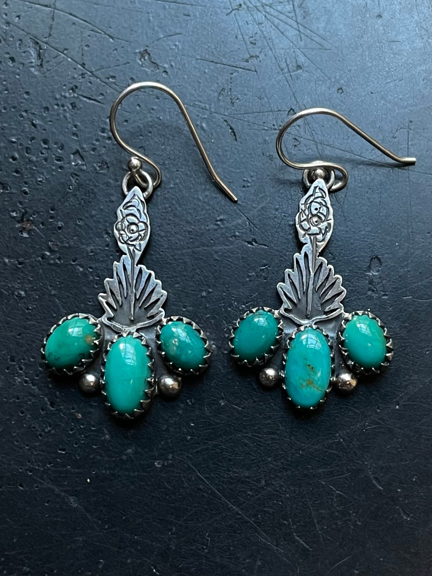 Kingman Turquoise Triple Stone Dangle Earrings | Sterling Silver E948