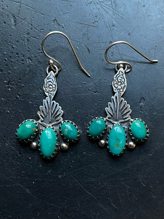 Kingman Turquoise Triple Stone Dangle Earrings | Sterling Silver E948