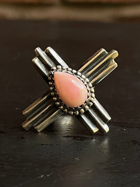 Pink Conch Zia Cross Ring Size 7 | 925 Sterling Silver E994