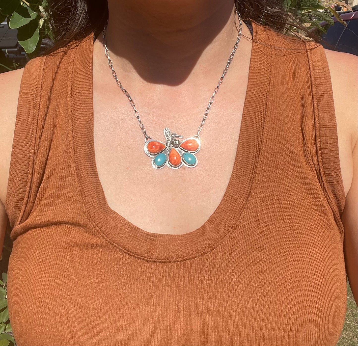Spiny Oyster & Turquoise Hummingbird Necklace | 925 Sterling Silver D121