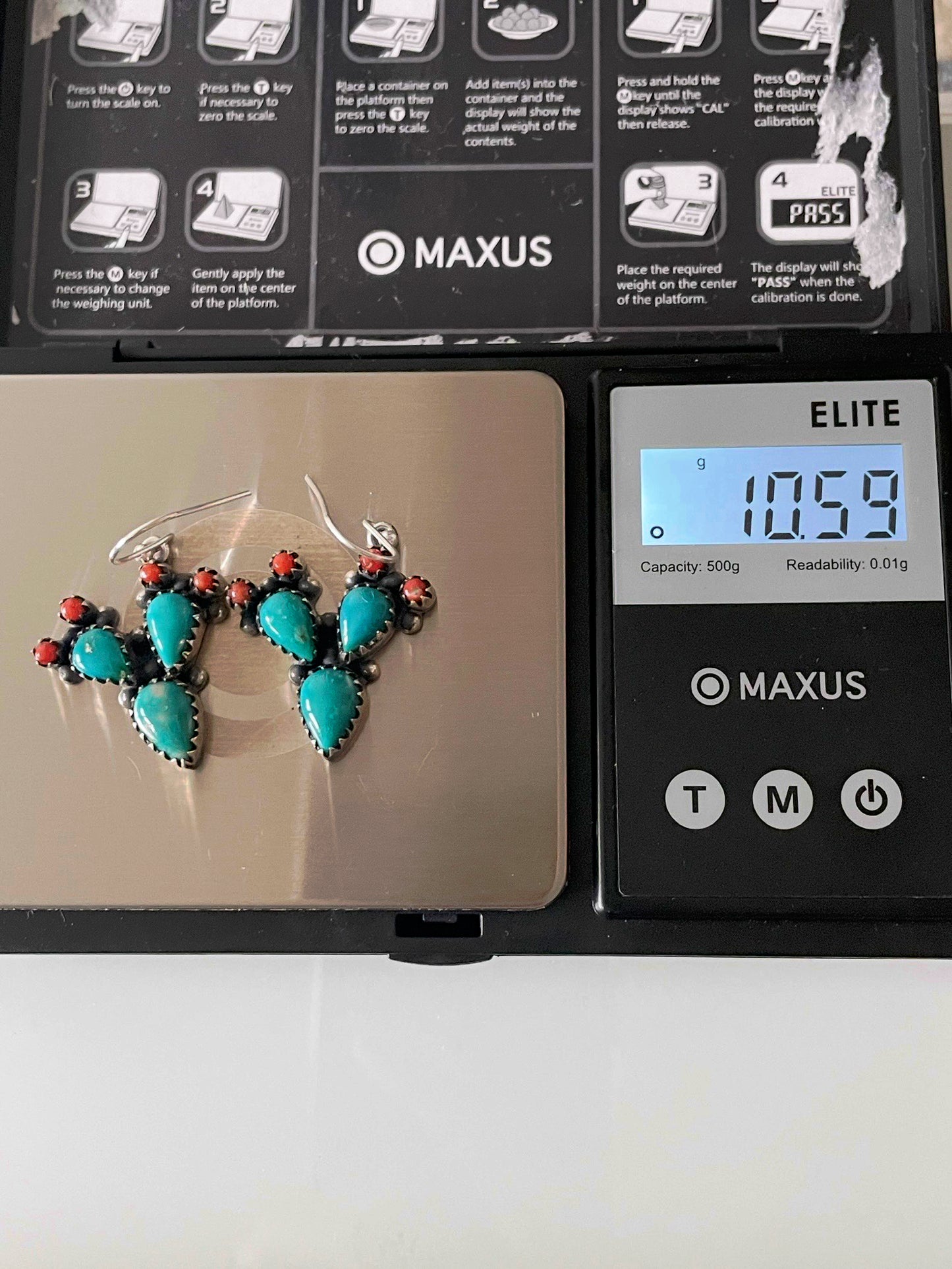 Kingman Turquoise Coral Cactus Earrings | Cluster Drop Hook E657