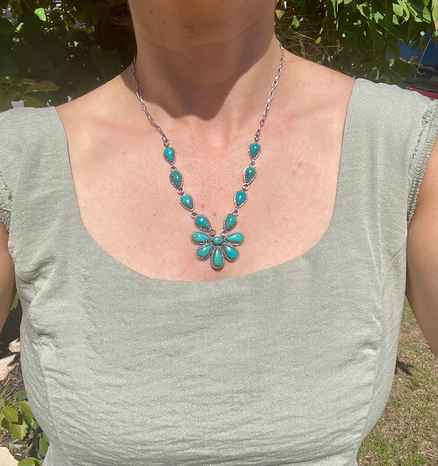 Kingman Turquoise Flower Lariat Necklace | Sterling Silver D135