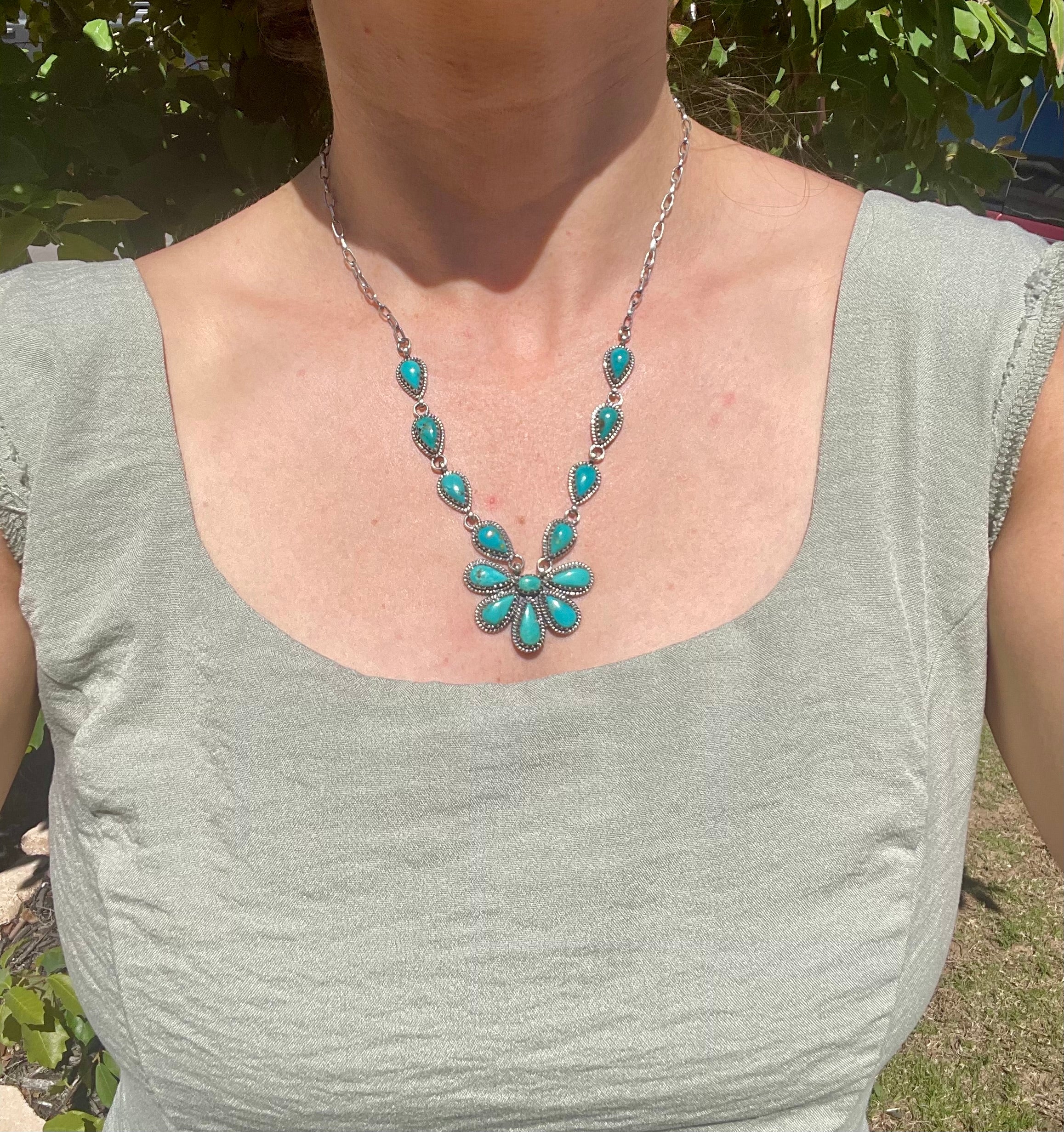Kingman Turquoise Flower Lariat Necklace | Sterling Silver D135