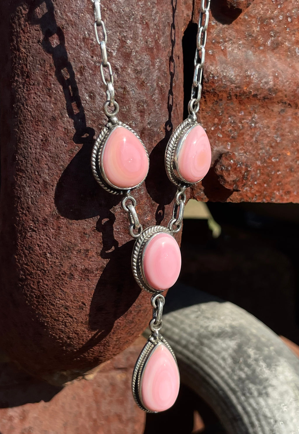 Pink Conch Lariat Necklace | Teardrop Station Drop | 925 Silver E584