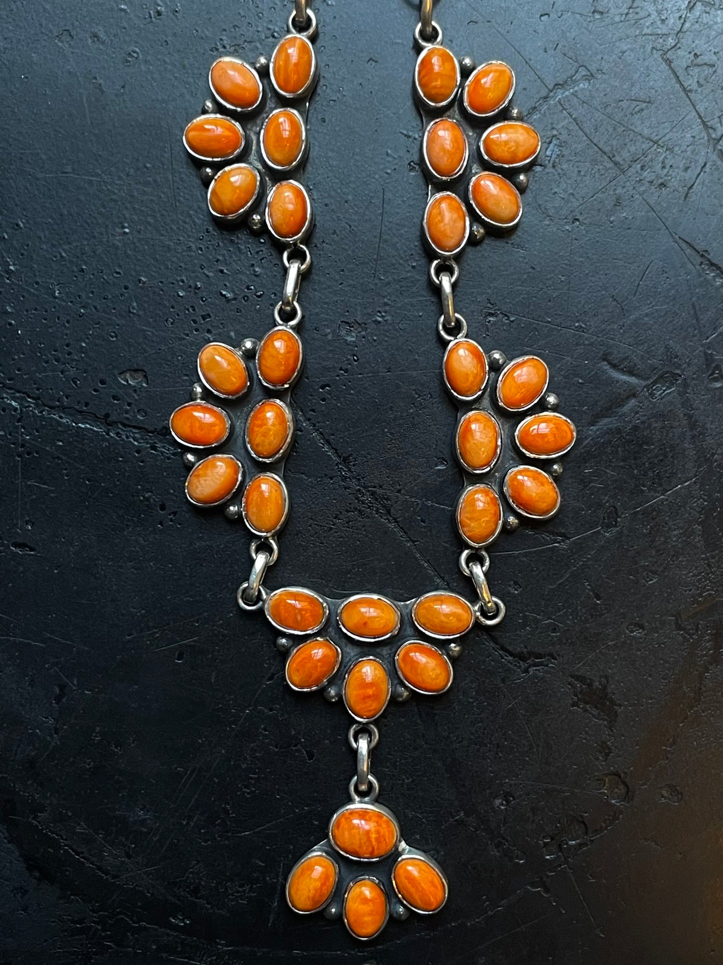 Spiny Oyster Cluster Necklace | Floral Stations with Drop | 925 Silver E596