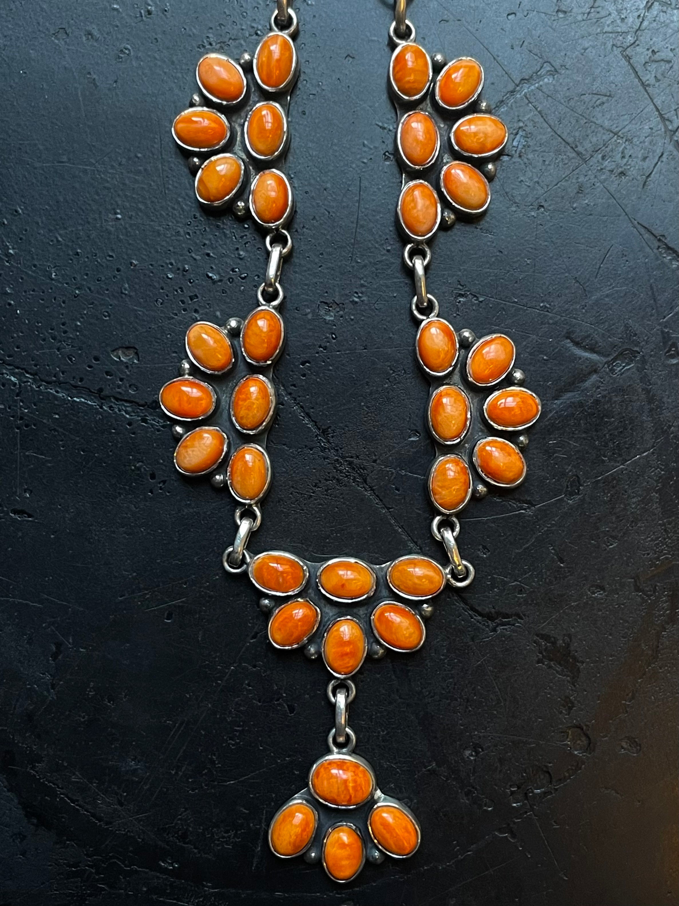 Spiny Oyster Cluster Necklace | Floral Stations with Drop | 925 Silver E596
