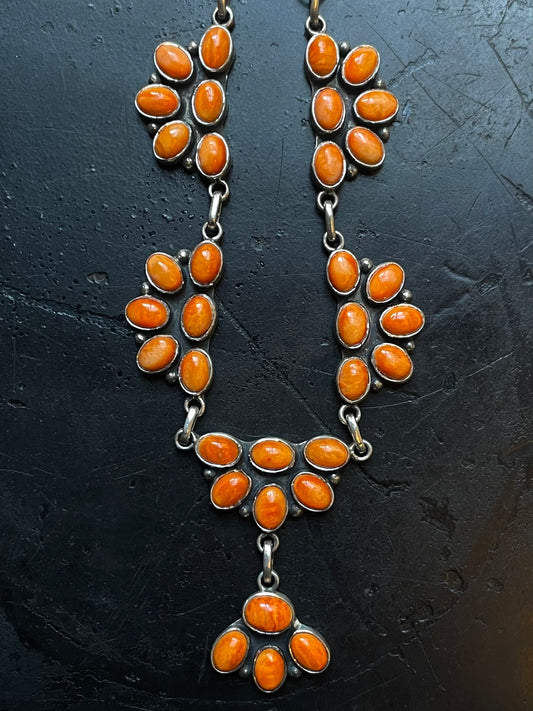 Spiny Oyster Cluster Necklace | Floral Stations with Drop | 925 Silver E596