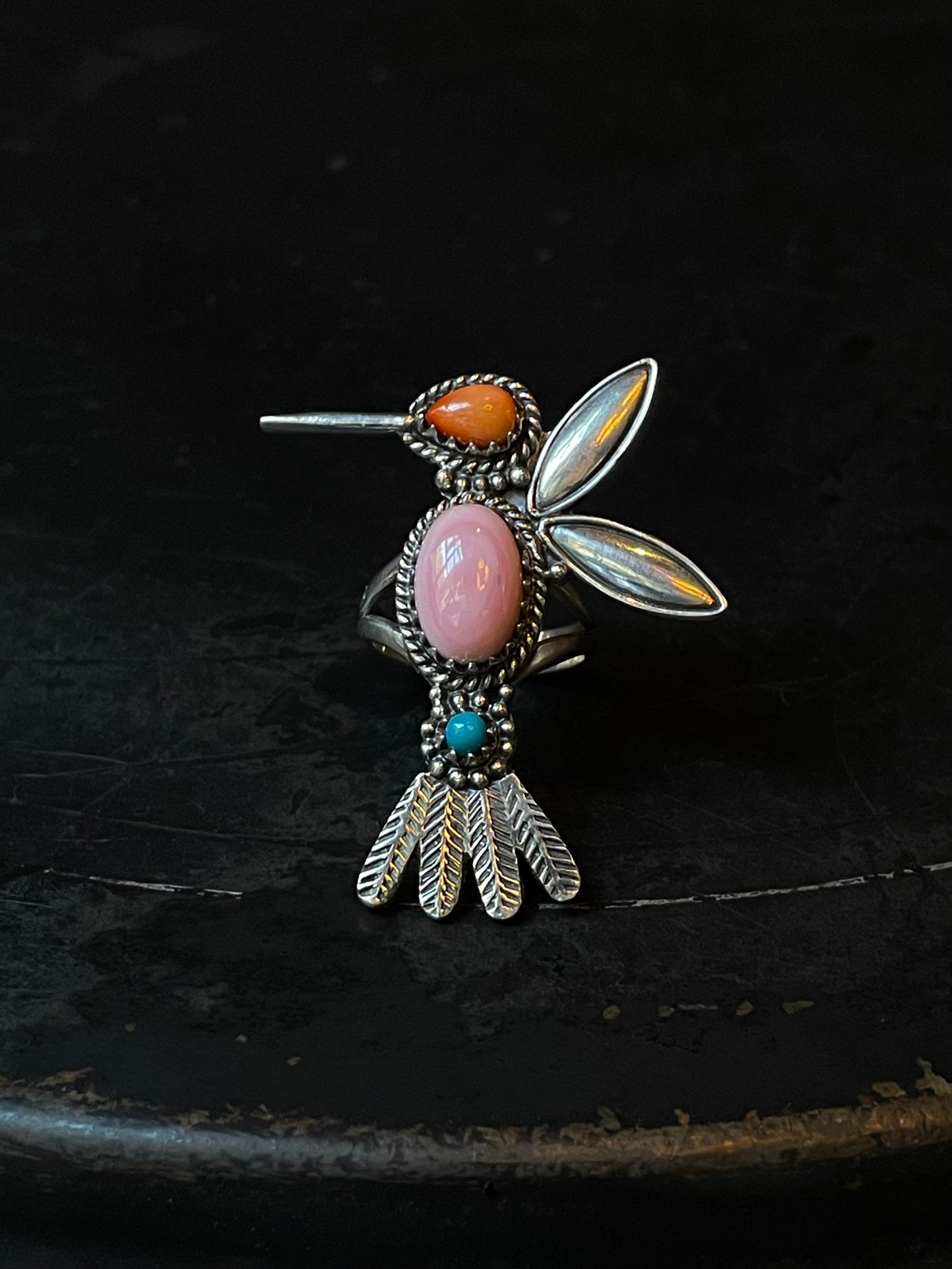 Turquoise Pink Conch Spiny Oyster Hummingbird Ring Size 6 | 925 Sterling Silver E419