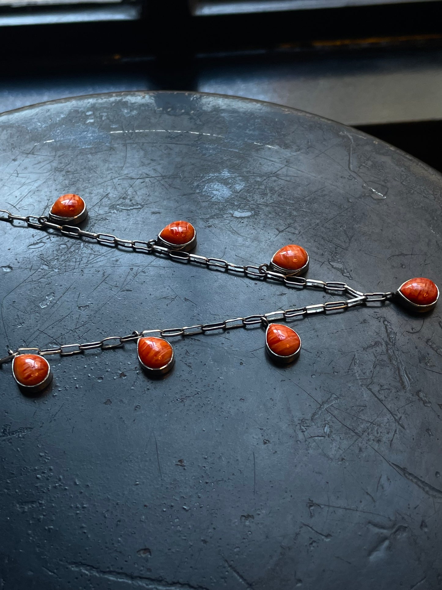 Orange Spiny Oyster Drop Station Necklace | 925 Sterling Silver E599