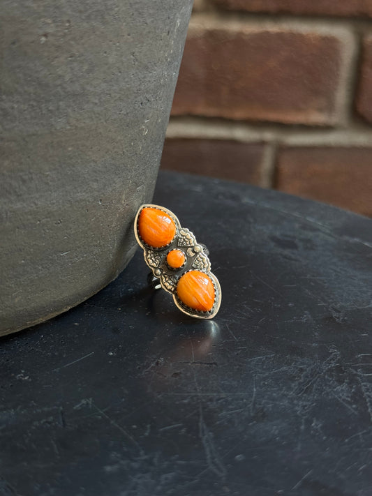 Spiny Oyster Triple Stone Ring | 925 Sterling Silver | Size 7 C326