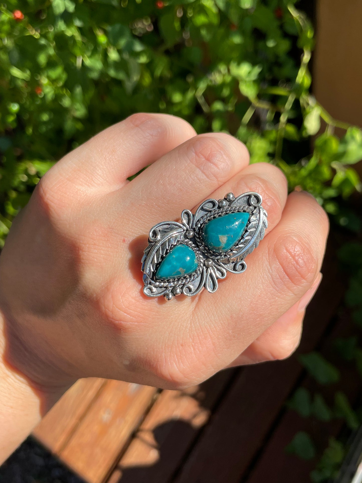 Turquoise Rope & Leaf Ring | 925 Sterling Silver | Size 7 Z9