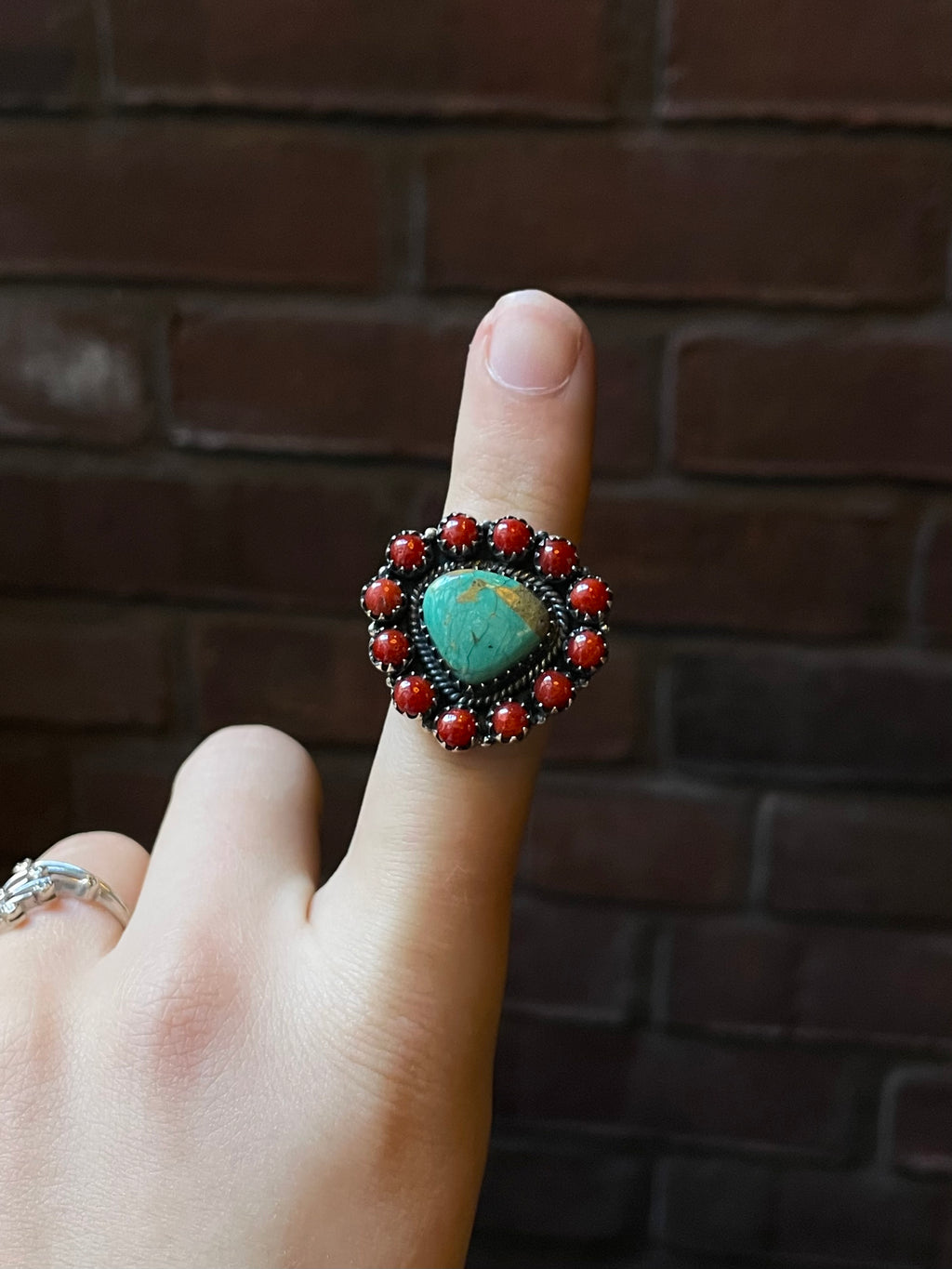 Kingman Turquoise Coral Cluster Ring | Sterling Silver | Size 8 | A209